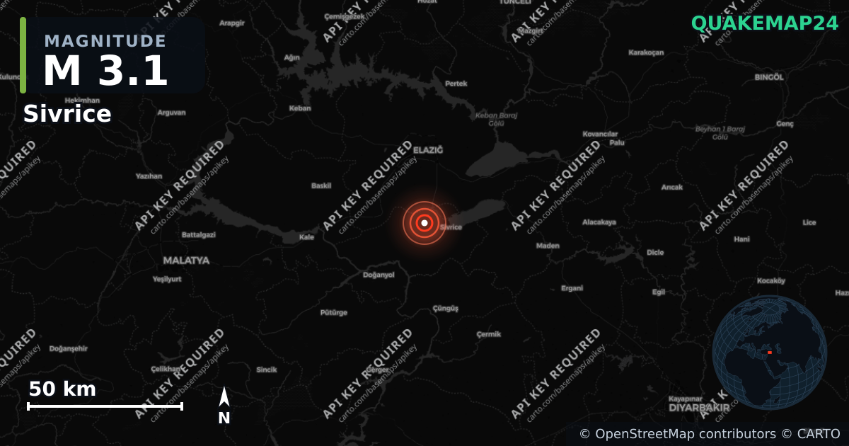 M3.1 earthquake near Sivrice on Aug 28, 2026 — map of epicenter and shaking intensity | QuakeMap24