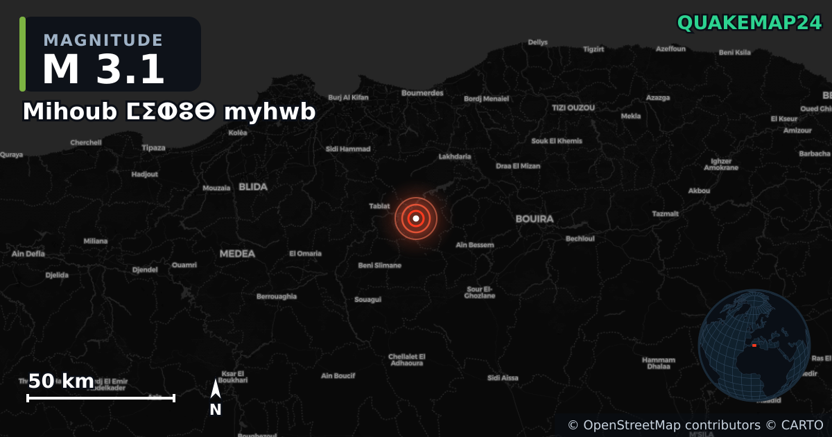 M3.1 earthquake near Mihoub ⵎⵉⵀⵓⴱ myhwb on Jan 15, 2026 — map of epicenter and shaking intensity | QuakeMap24