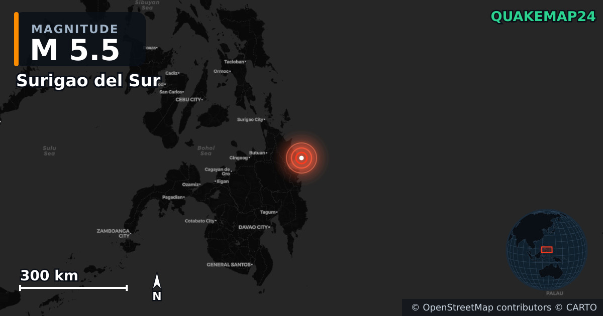 M5.5 earthquake near Surigao del Sur on Oct 18, 2025 — map of epicenter and shaking intensity | QuakeMap24