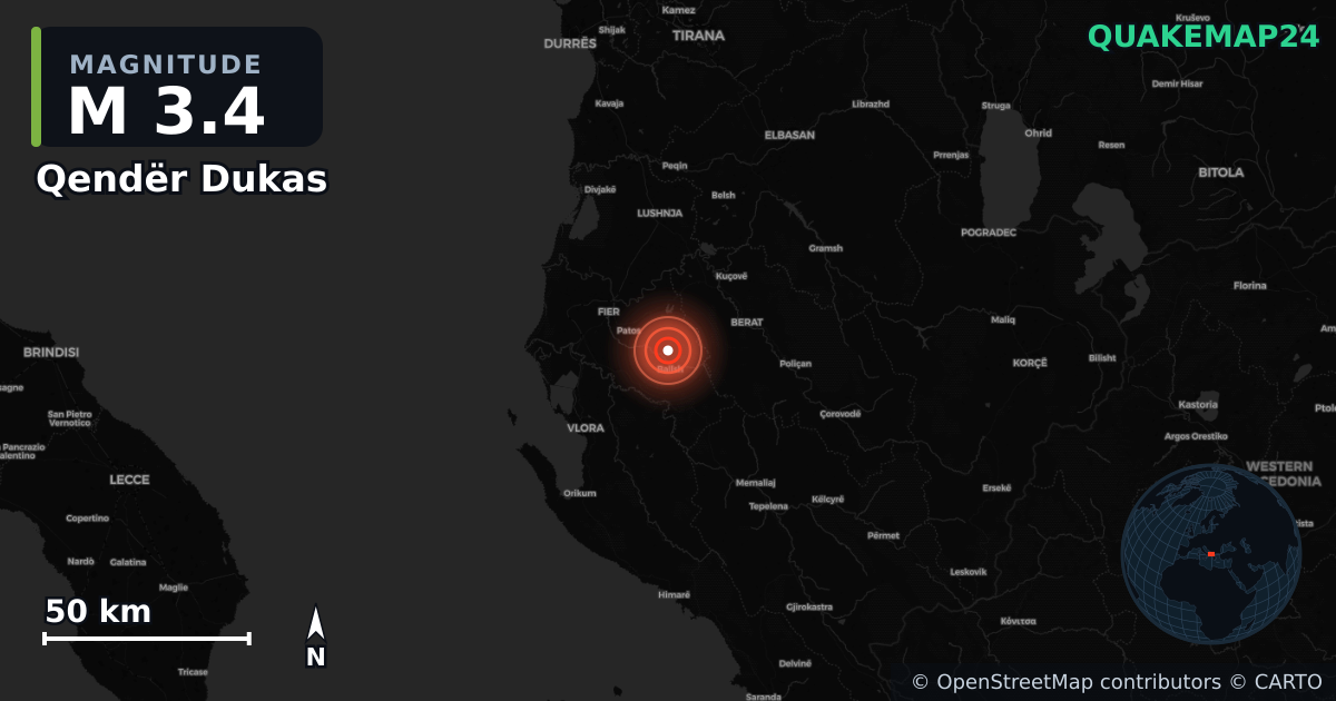 M3.4 earthquake near Qendër Dukas on Jun 27, 2026 — map of epicenter and shaking intensity | QuakeMap24