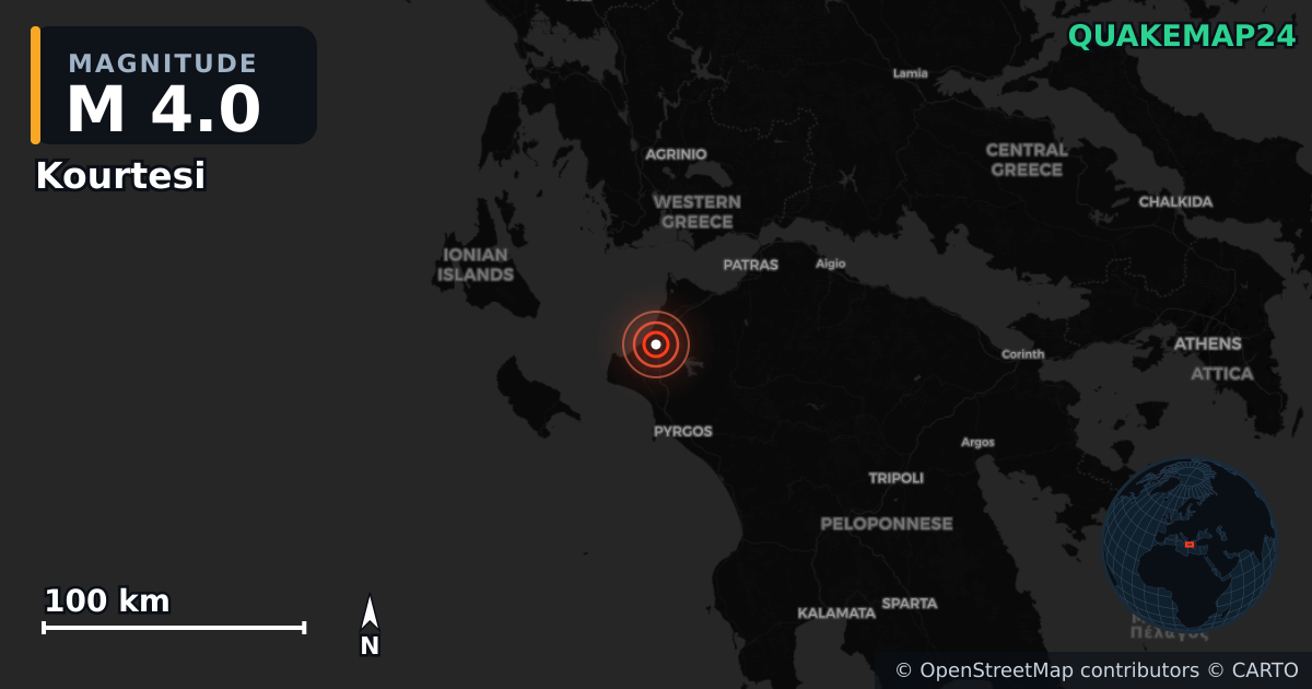 M4.0 earthquake near Kourtesi on May 25, 2026 — map of epicenter and shaking intensity | QuakeMap24