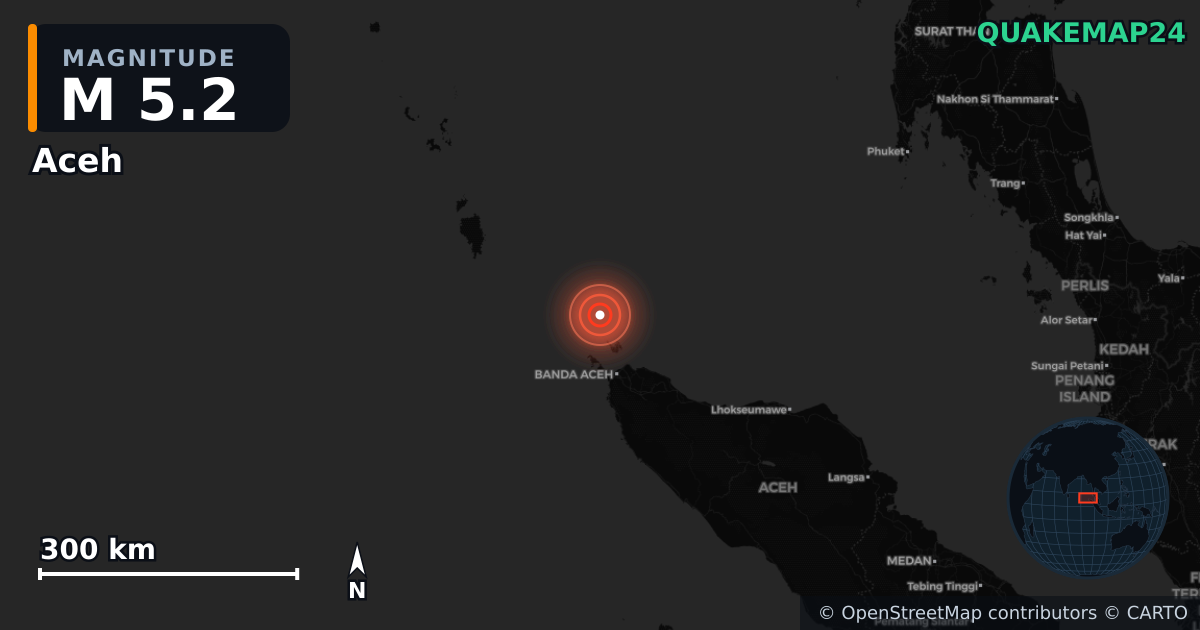 M5.2 earthquake near Aceh on Jul 4, 2025 — map of epicenter and shaking intensity | QuakeMap24