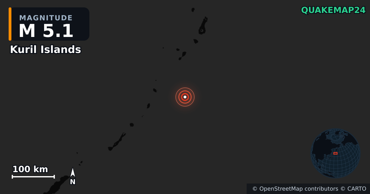 M5.1 earthquake near Kuril Islands on May 29, 2025 — map of epicenter and shaking intensity | QuakeMap24