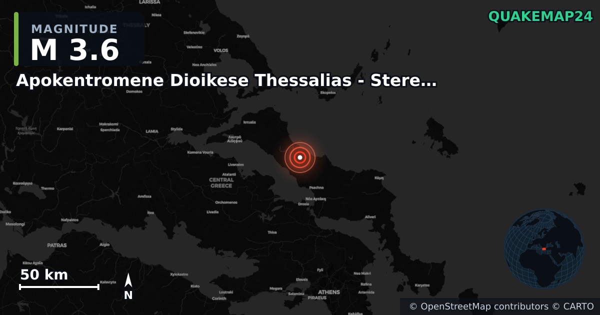 M3.6 earthquake near Apokentromene Dioikese Thessalias - Stereas Ellados on May 19, 2025 — map of epicenter and shaking intensity | QuakeMap24