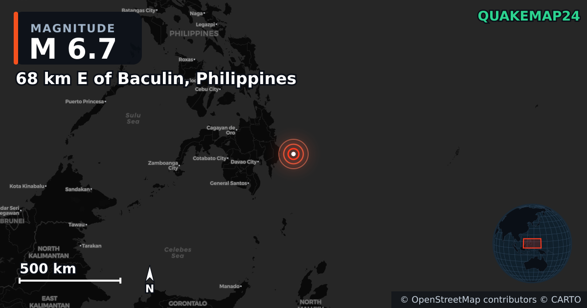M6.7 earthquake near 68 km E of Baculin, Philippines on Jan 7, 2026 — map of epicenter and shaking intensity | QuakeMap24