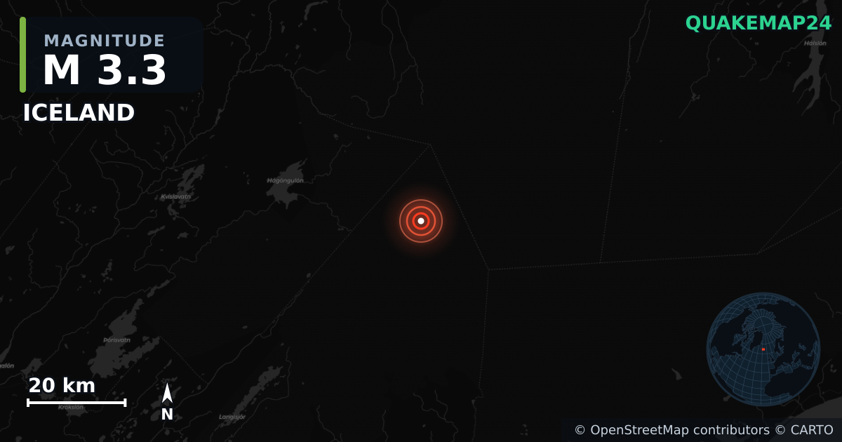 M3.3 earthquake near ICELAND on Sep 11, 2025 — map of epicenter and shaking intensity | QuakeMap24
