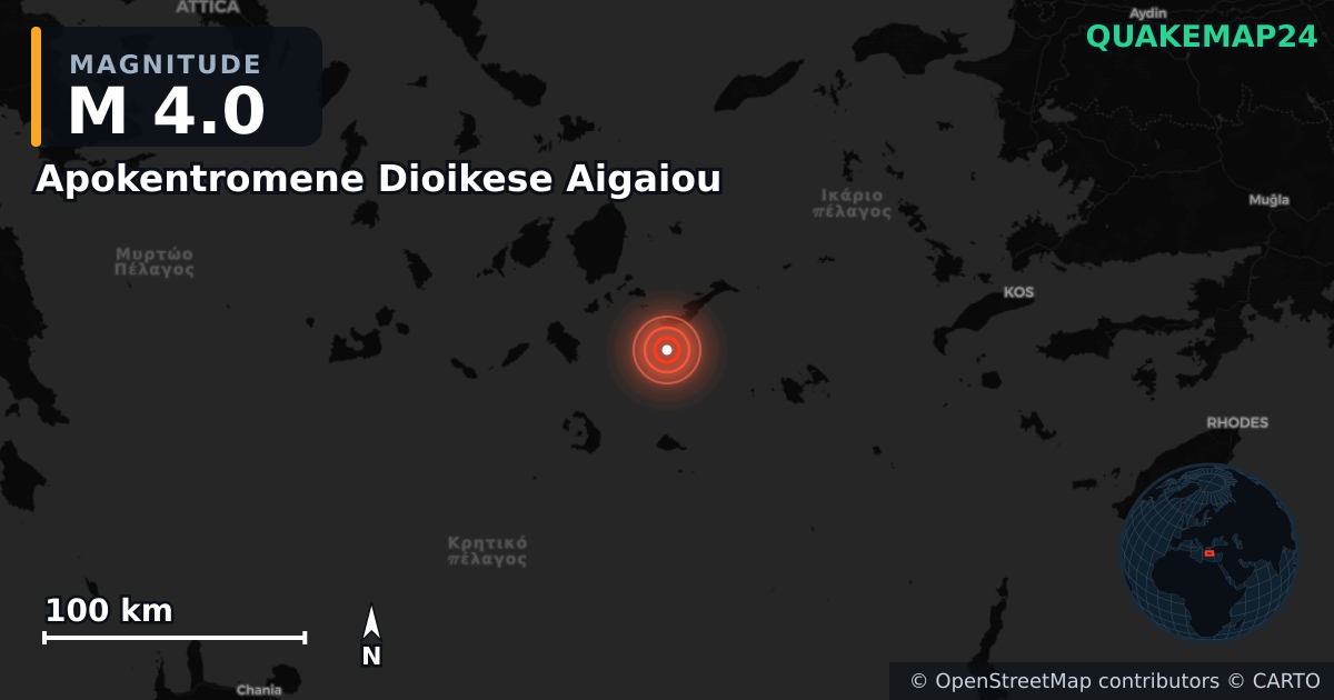 M4.0 earthquake near Apokentromene Dioikese Aigaiou on Aug 2, 2025 — map of epicenter and shaking intensity | QuakeMap24