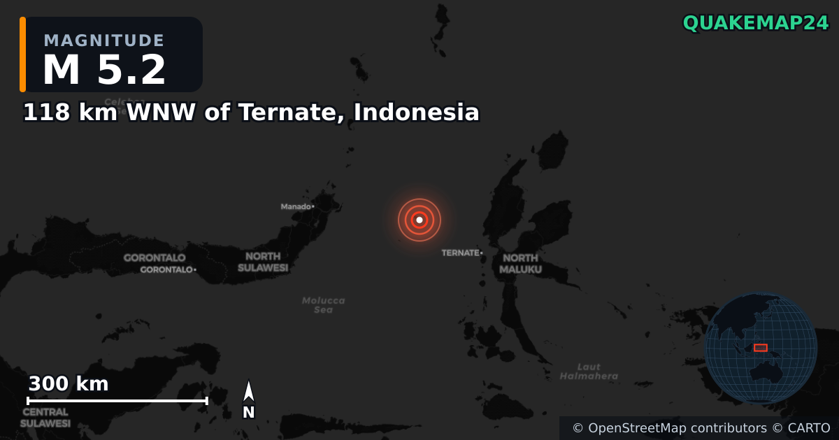 Erdbeben M5,2 bei 118 km WNW of Ternate, Indonesia — Karte der Lage des Epizentrums
