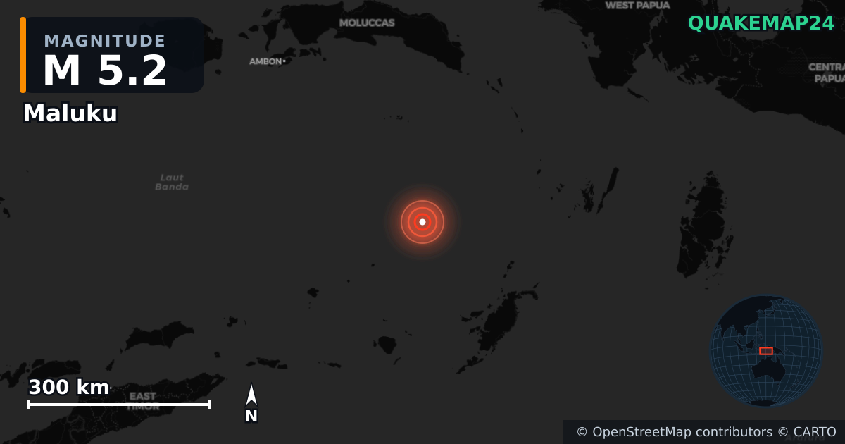 M5.2 earthquake near Maluku on May 20, 2026 — map of epicenter and shaking intensity | QuakeMap24