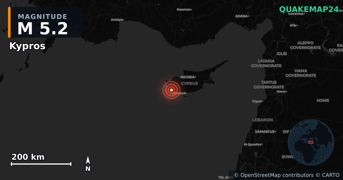 M5.2 earthquake near Kypros on Nov 12, 2025 — map of epicenter and shaking intensity | QuakeMap24