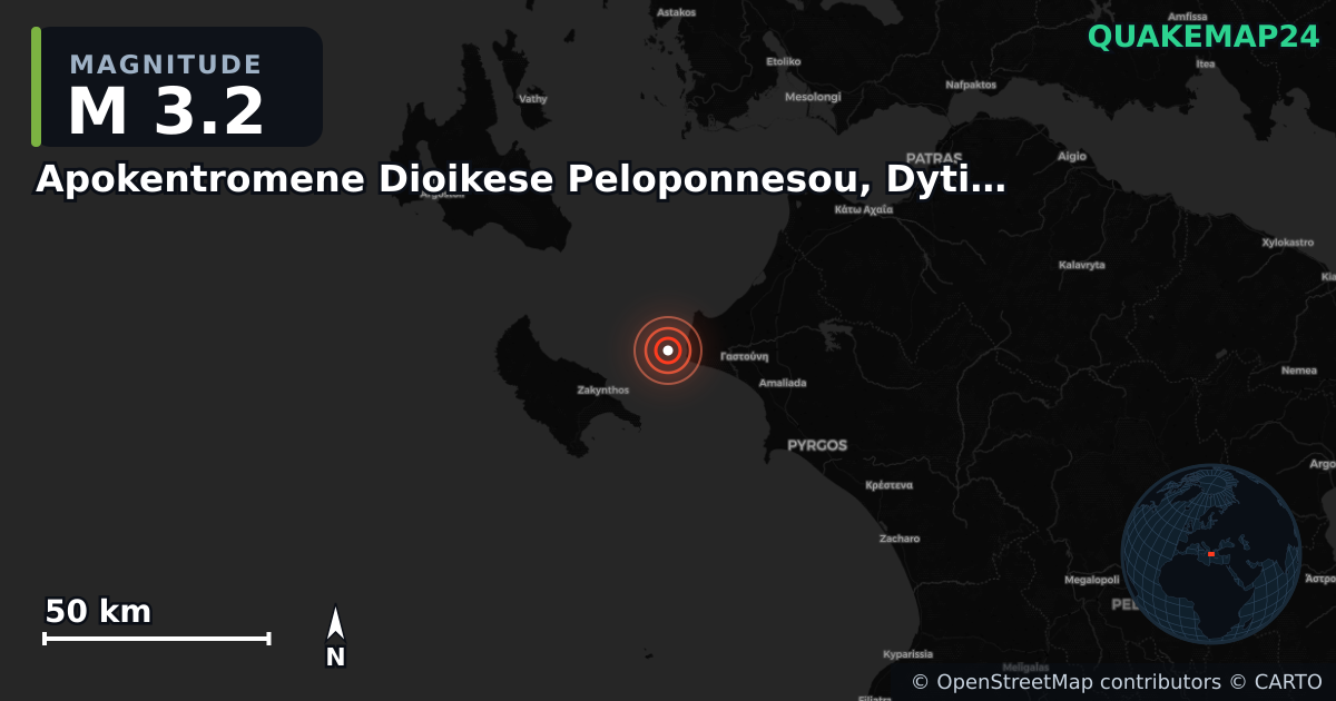 M3.2 earthquake near Apokentromene Dioikese Peloponnesou, Dytikes Elladas kai Ioniou on Aug 5, 2025 — map of epicenter and shaking intensity | QuakeMap24