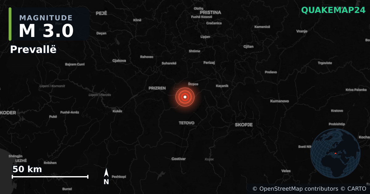 M3.0 earthquake near Prevallë on Feb 8, 2026 — map of epicenter and shaking intensity | QuakeMap24
