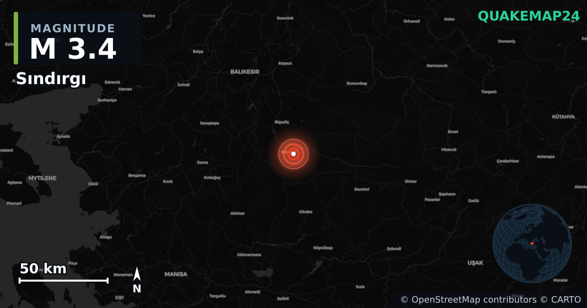 M3.4 earthquake near Sındırgı on Aug 24, 2025 — map of epicenter and shaking intensity | QuakeMap24