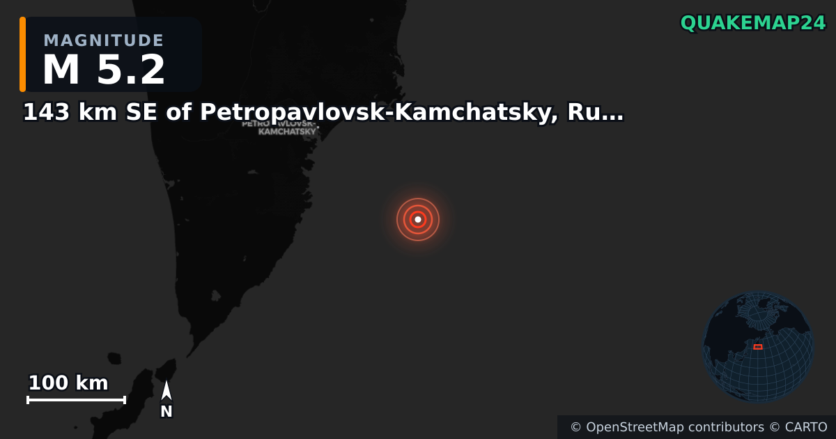 M5.2 earthquake near 143 km SE of Petropavlovsk-Kamchatsky, Russia on Sep 25, 2025 — map of epicenter and shaking intensity | QuakeMap24