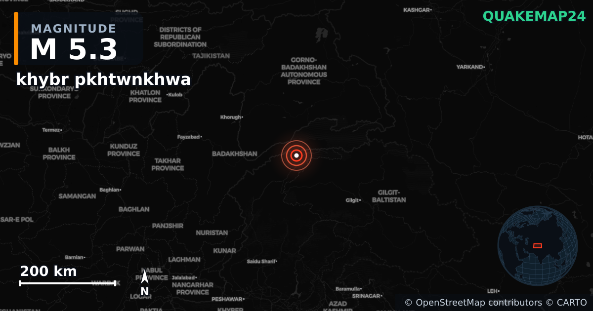 M5.3 earthquake near khybr pkhtwnkhwa on Oct 17, 2025 — map of epicenter and shaking intensity | QuakeMap24