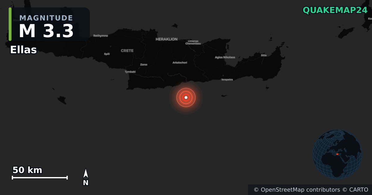 M3.3 earthquake near Ellas on Feb 3, 2026 — map of epicenter and shaking intensity | QuakeMap24