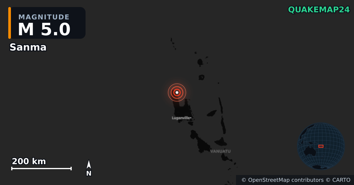 M5.0 earthquake near Sanma on Feb 18, 2026 — map of epicenter and shaking intensity | QuakeMap24