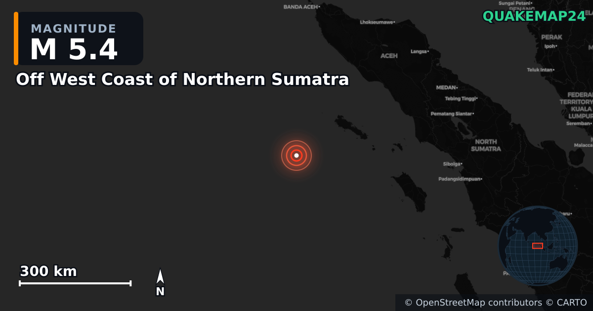 Erdbeben M5,4 bei Off West Coast of Northern Sumatra — Karte der Lage des Epizentrums