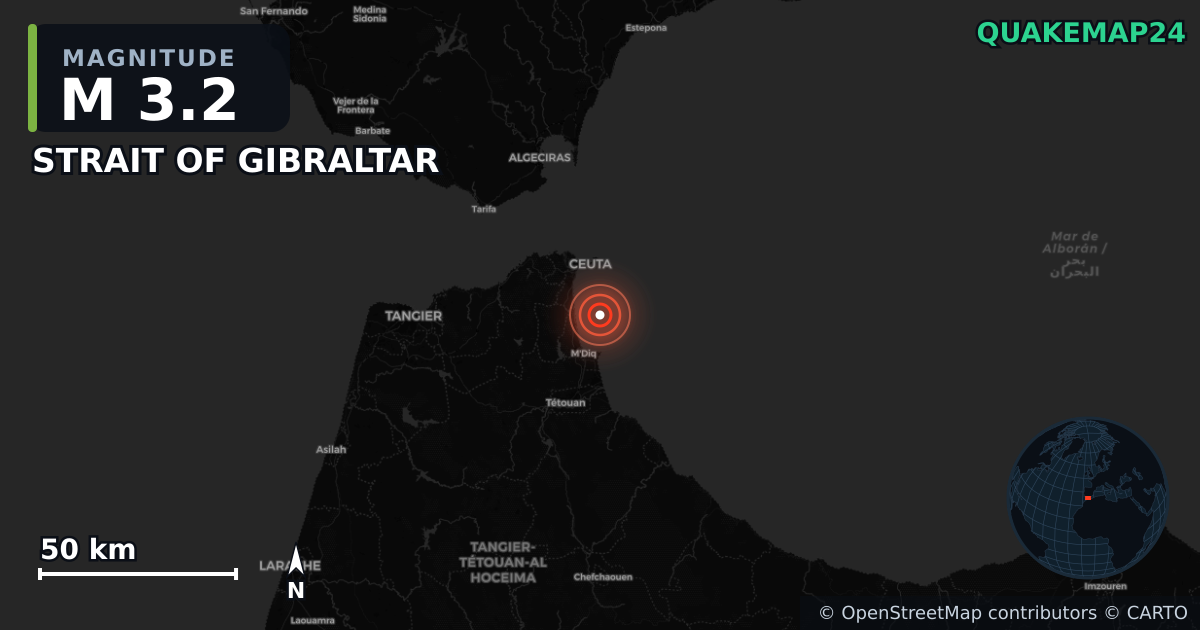 M3.2 earthquake near STRAIT OF GIBRALTAR on May 6, 2026 — map of epicenter and shaking intensity | QuakeMap24