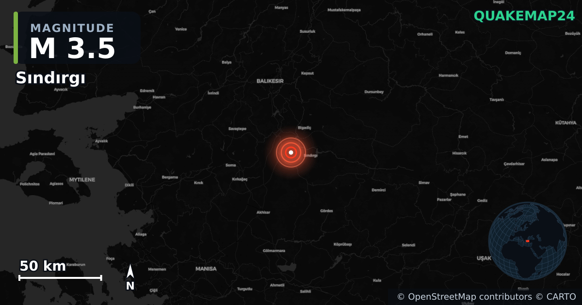 M3.5 earthquake near Sındırgı on Sep 3, 2025 — map of epicenter and shaking intensity | QuakeMap24