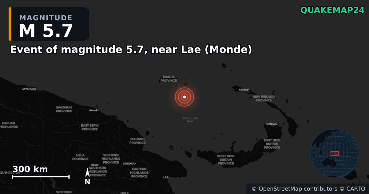 M5.7 earthquake near Event of magnitude 5.7, near Lae (Monde) on May 22, 2026 — map of epicenter and shaking intensity | QuakeMap24