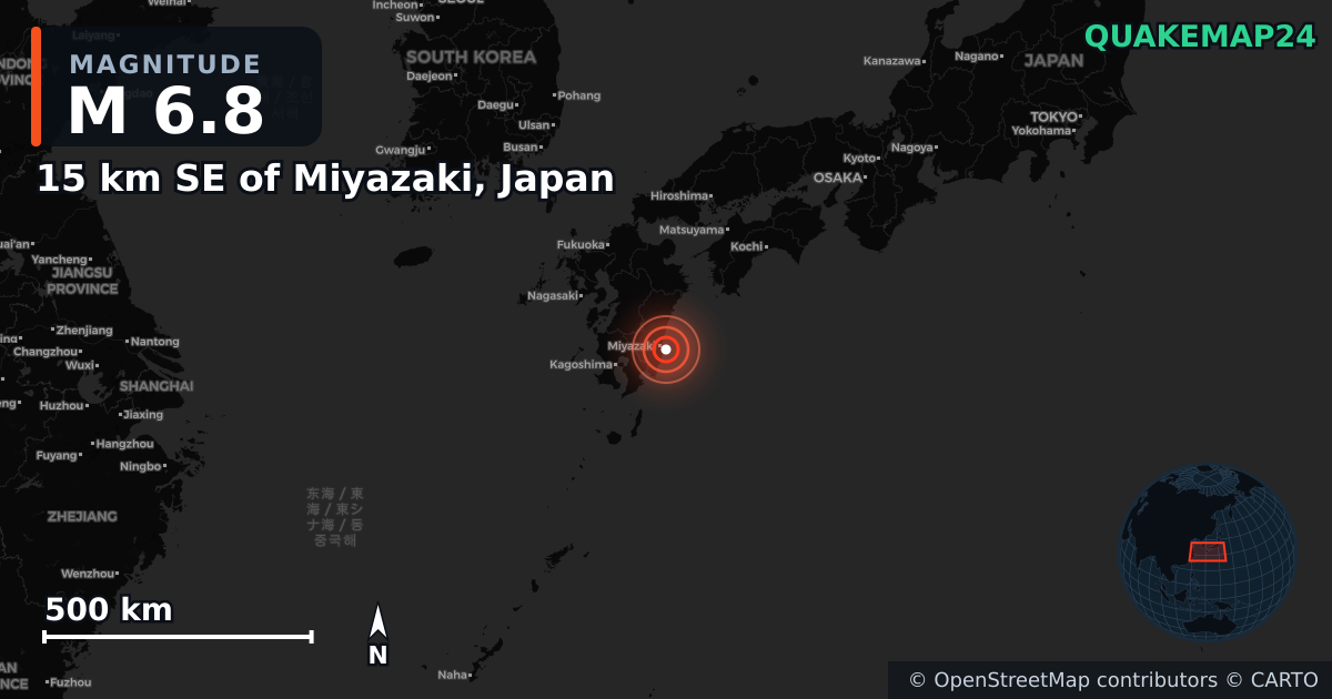 M6.8 earthquake near 15 km SE of Miyazaki, Japan on Jan 13, 2025 — map of epicenter and shaking intensity | QuakeMap24
