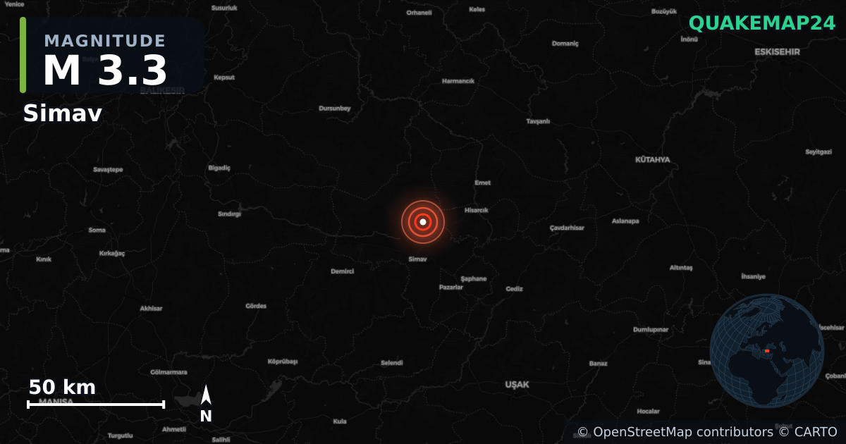 M3.3 earthquake near Simav on Jun 9, 2025 — map of epicenter and shaking intensity | QuakeMap24