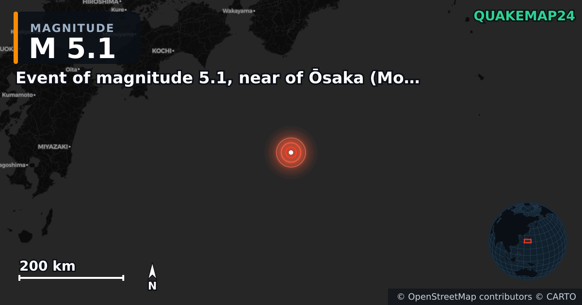 M5.1 earthquake near Event of magnitude 5.1, near of Ōsaka (Monde) on Apr 6, 2026 — map of epicenter and shaking intensity | QuakeMap24