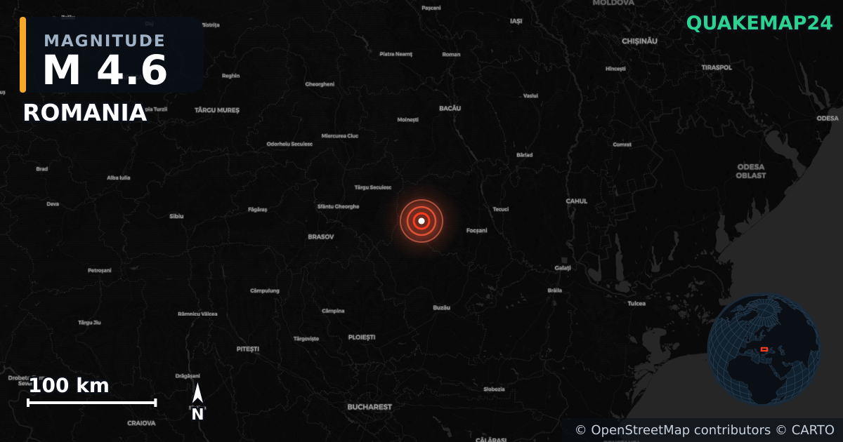 M4.6 earthquake near ROMANIA on May 11, 2025 — map of epicenter and shaking intensity | QuakeMap24