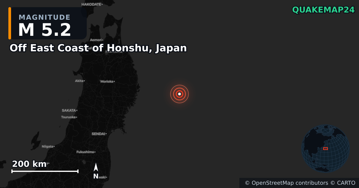 M5.2 earthquake near Off East Coast of Honshu, Japan on Nov 9, 2025 — map of epicenter and shaking intensity | QuakeMap24