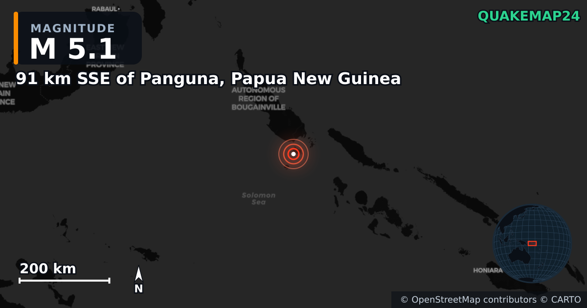 M5.1 earthquake near 91 km SSE of Panguna, Papua New Guinea on Mar 26, 2025 — map of epicenter and shaking intensity | QuakeMap24