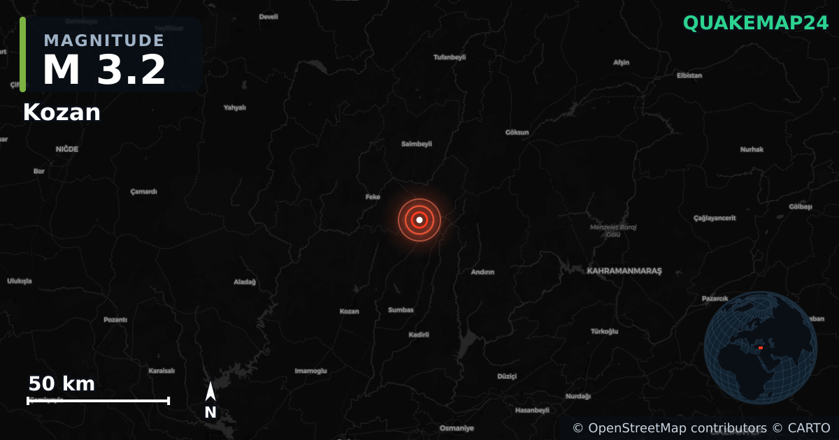 M3.2 earthquake near Kozan on Nov 1, 2025 — map of epicenter and shaking intensity | QuakeMap24