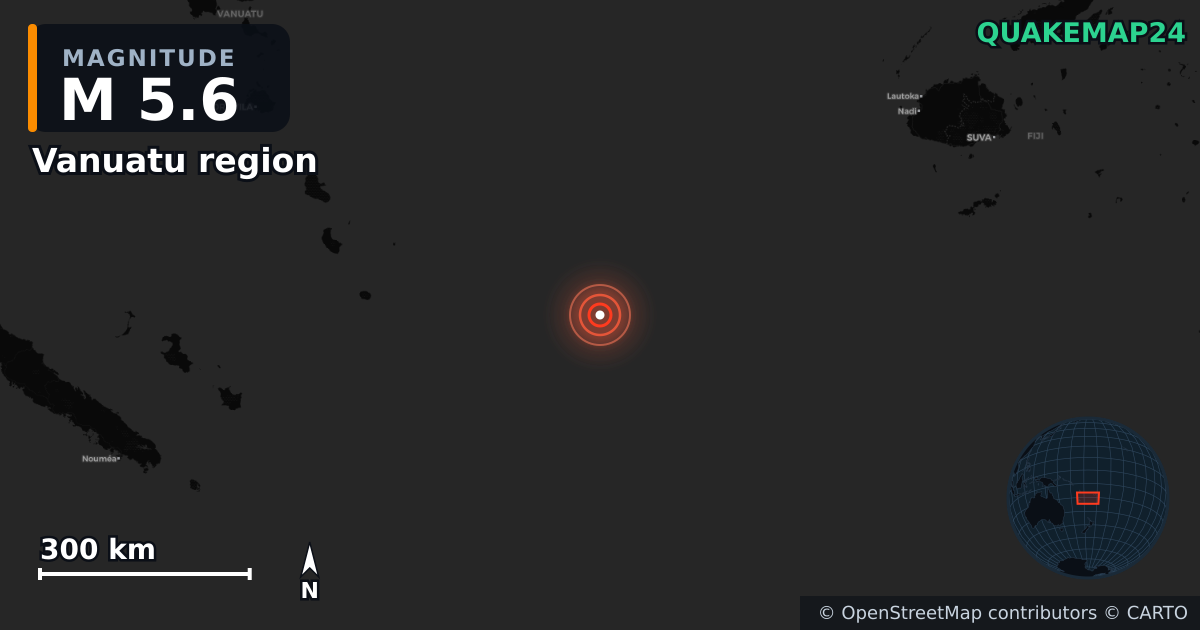 Erdbeben M5,6 bei Vanuatu region — Karte der Lage des Epizentrums