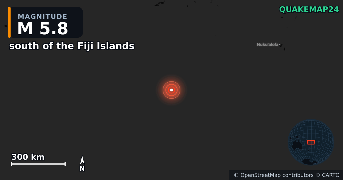 M5.8 earthquake near south of the Fiji Islands on Jul 29, 2025 — map of epicenter and shaking intensity | QuakeMap24
