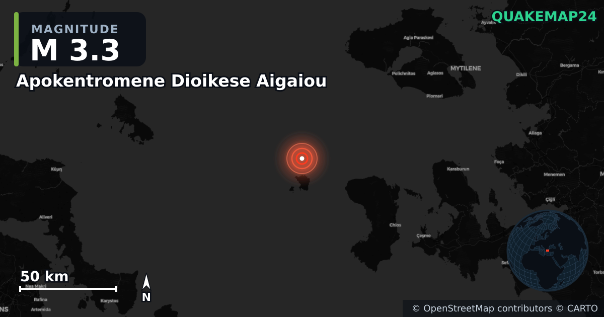 M3.3 earthquake near Apokentromene Dioikese Aigaiou on Jun 30, 2025 — map of epicenter and shaking intensity | QuakeMap24