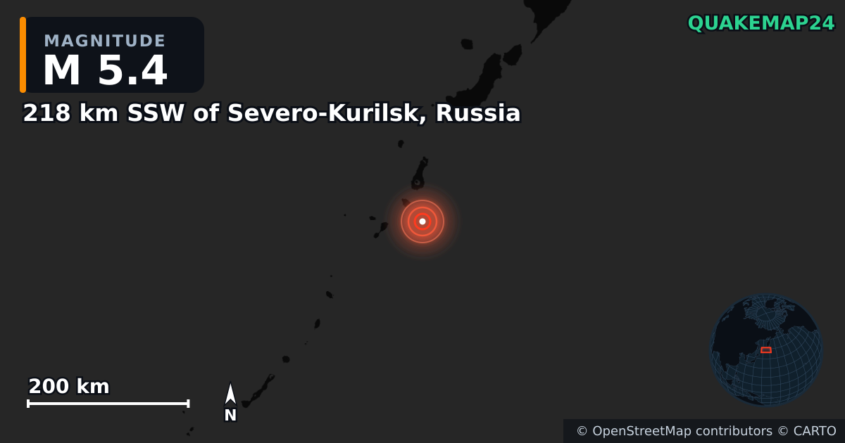 M5.4 earthquake near 218 km SSW of Severo-Kurilsk, Russia on Oct 13, 2025 — map of epicenter and shaking intensity | QuakeMap24