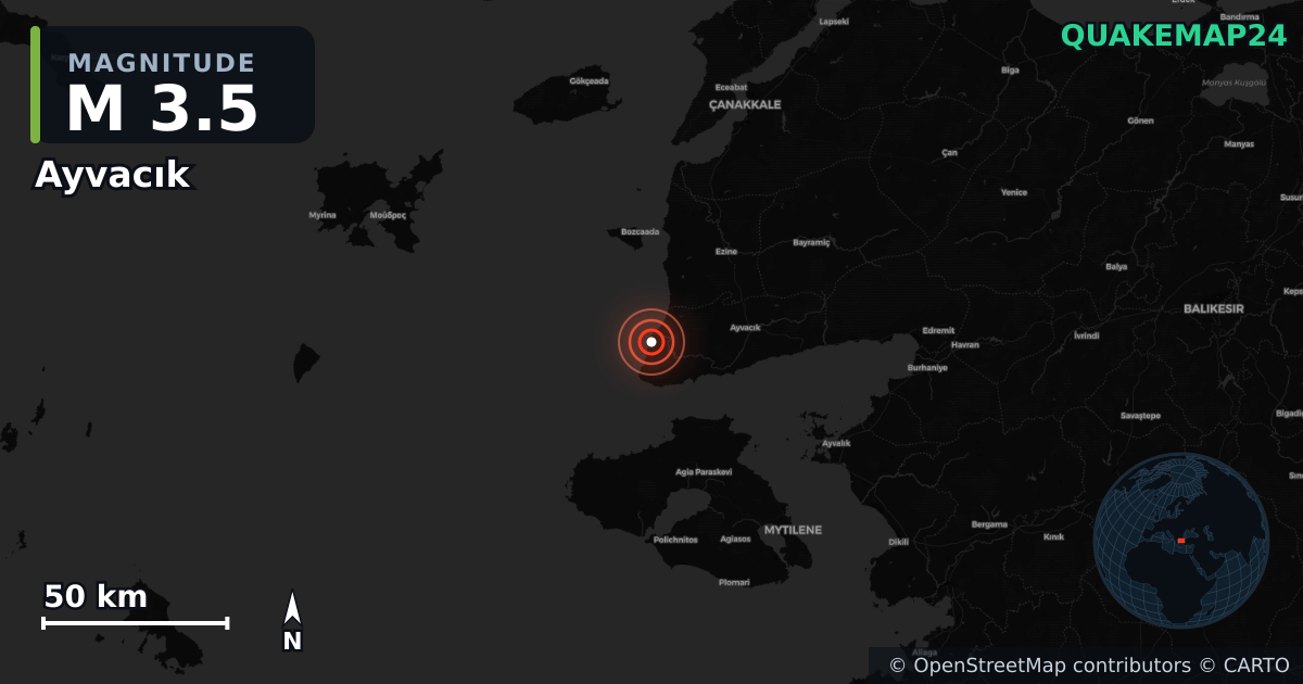 M3.5 earthquake near Ayvacık on Aug 16, 2025 — map of epicenter and shaking intensity | QuakeMap24