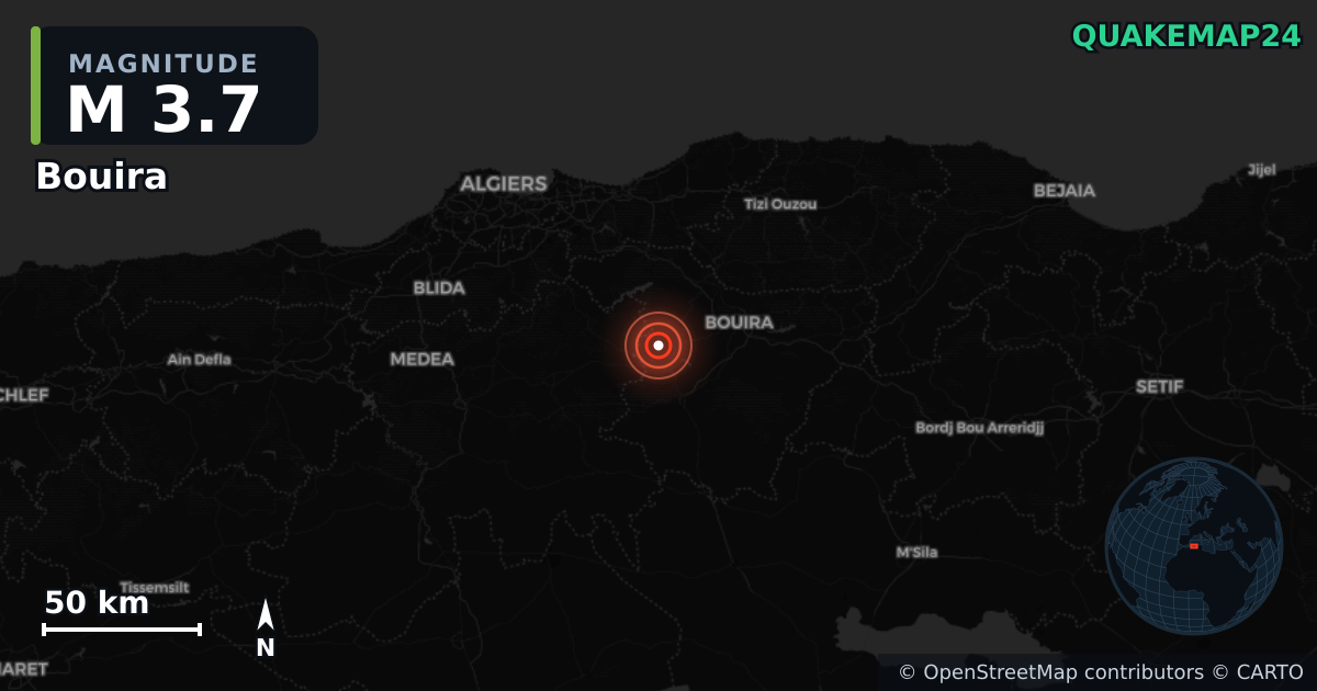 M3.7 earthquake near Bouira on May 19, 2025 — map of epicenter and shaking intensity | QuakeMap24