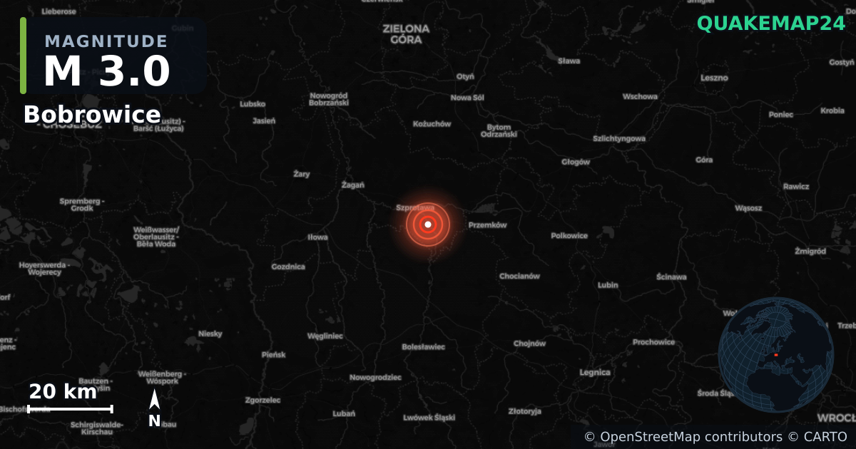 M3.0 earthquake near Bobrowice on Feb 2, 2025 — map of epicenter and shaking intensity | QuakeMap24