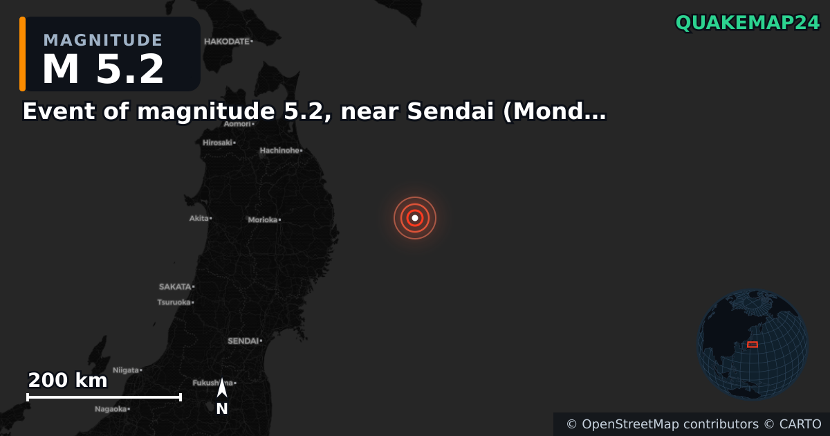 M5.2 earthquake near Event of magnitude 5.2, near Sendai (Monde) on Apr 20, 2026 — map of epicenter and shaking intensity | QuakeMap24