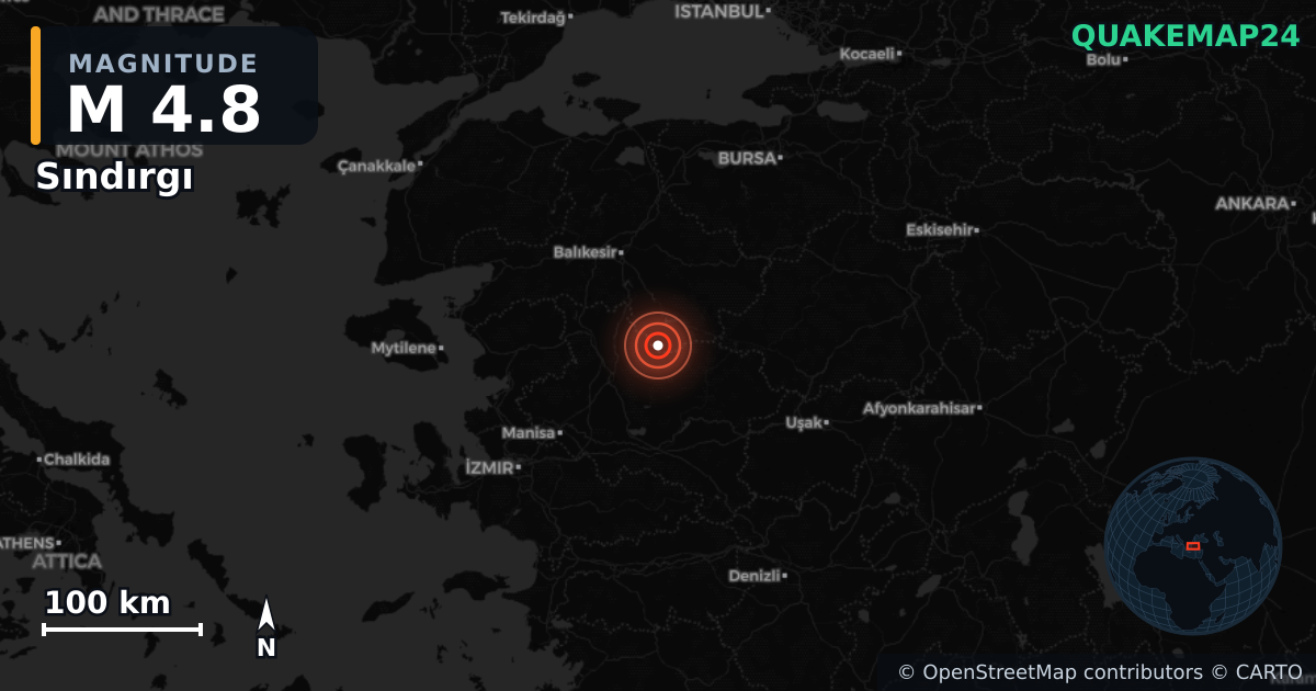 M4.8 earthquake near Sındırgı on Sep 7, 2025 — map of epicenter and shaking intensity | QuakeMap24