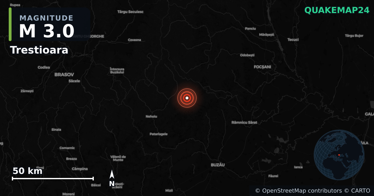Sismo de M3,0 perto de Trestioara (Romênia) · 2026-10-12 — Mapa da localização do epicentro