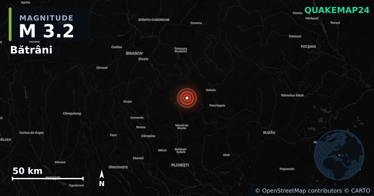 M3.2 earthquake near Bătrâni on Jan 12, 2026 — map of epicenter and shaking intensity | QuakeMap24