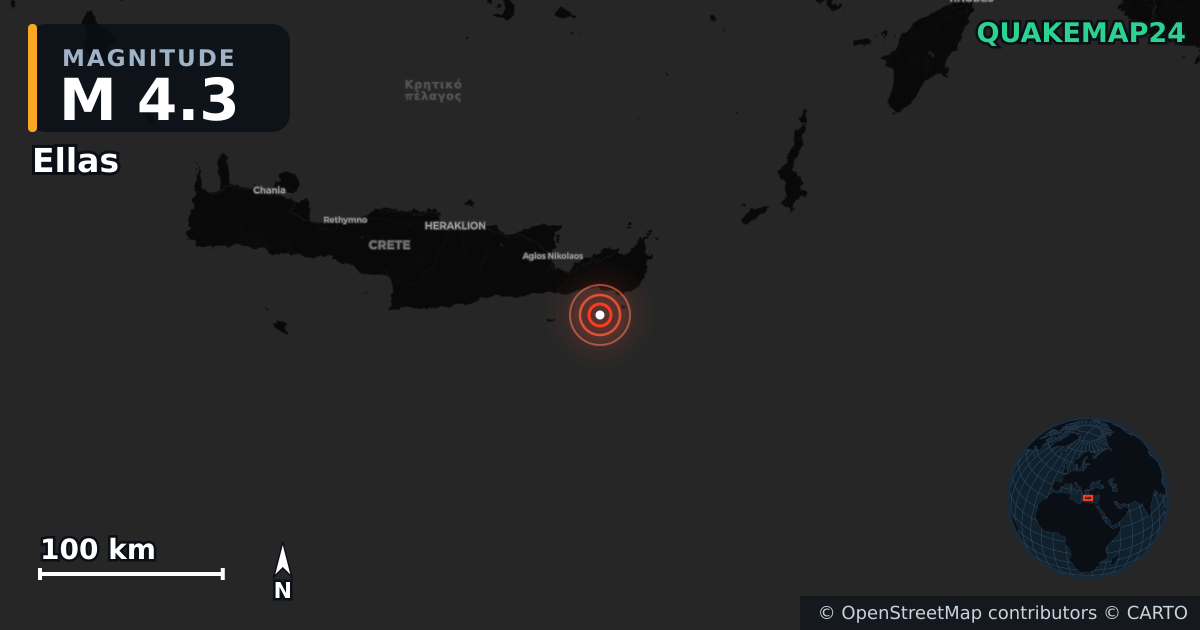 M4.3 earthquake near Ellas on Apr 24, 2026 — map of epicenter and shaking intensity | QuakeMap24