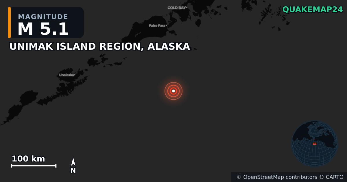 M5.1 earthquake near UNIMAK ISLAND REGION, ALASKA on May 31, 2025 — map of epicenter and shaking intensity | QuakeMap24