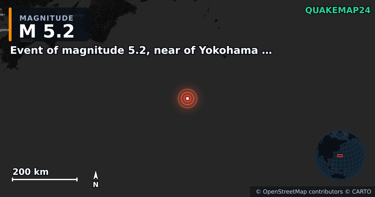 M5.2 earthquake near Event of magnitude 5.2, near of Yokohama (Monde) on Jan 9, 2026 — map of epicenter and shaking intensity | QuakeMap24