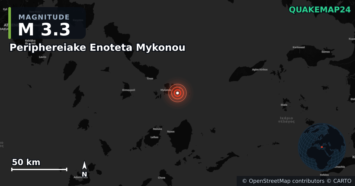 M3.3 earthquake near Periphereiake Enoteta Mykonou on Sep 28, 2025 — map of epicenter and shaking intensity | QuakeMap24