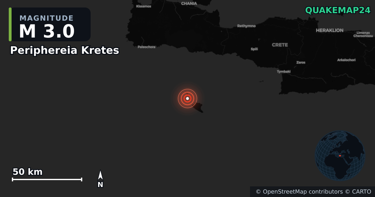 M3.0 earthquake near Periphereia Kretes on Dec 23, 2025 — map of epicenter and shaking intensity | QuakeMap24