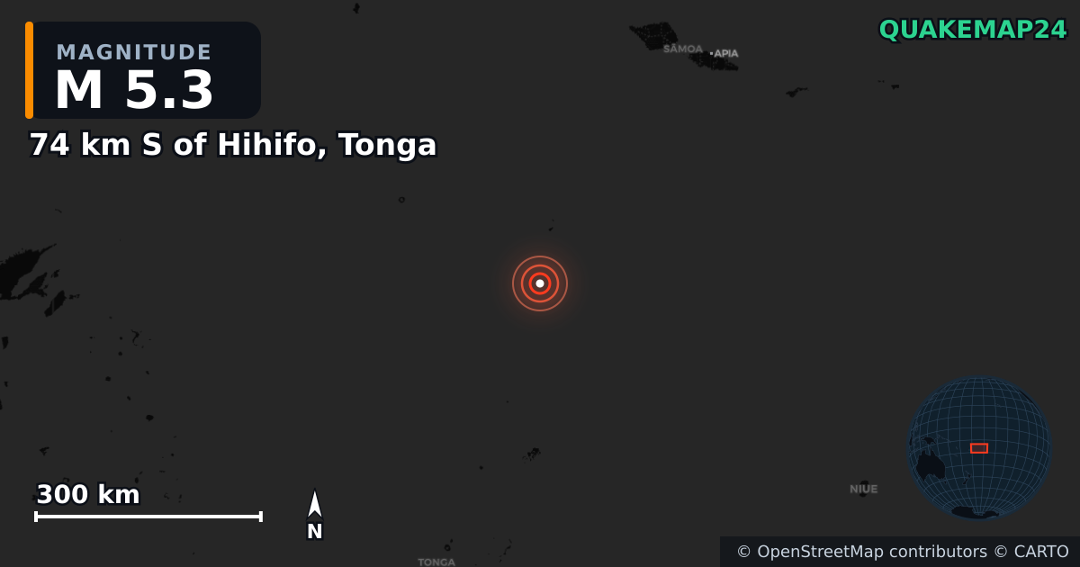 M5.3 earthquake near 74 km S of Hihifo, Tonga on Apr 12, 2025 — map of epicenter and shaking intensity | QuakeMap24