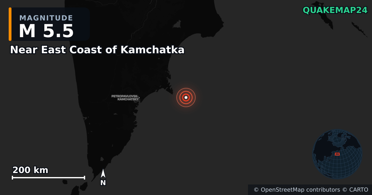 M5.5 earthquake near Near East Coast of Kamchatka on Jul 20, 2025 — map of epicenter and shaking intensity | QuakeMap24
